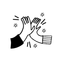 Black line illustration of two hands high-fiving. One arm is wearing a black sleeved top and the other arm, a striped sleeved top.